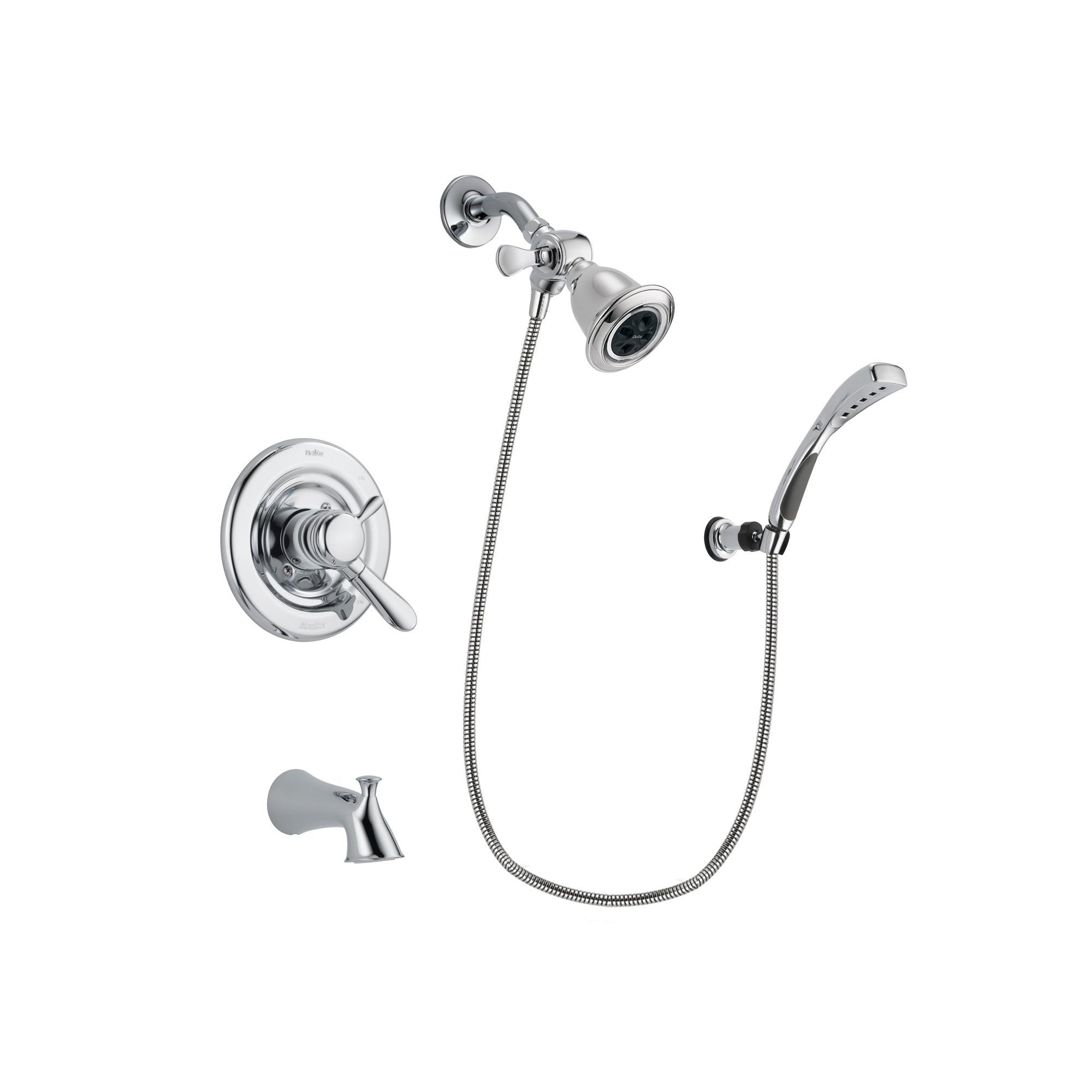 Delta Lahara Chrome Finish Dual Control Tub and Shower Faucet System Package with Water Efficient Showerhead and Wall-Mount Bracket with Handheld Shower Spray Includes Rough-in Valve and Tub Spout DSP1023V