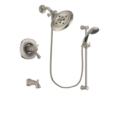 Delta Addison Stainless Steel Finish Thermostatic Tub and Shower Faucet System Package with Large Rain Showerhead and Handheld Shower Spray with Slide Bar Includes Rough-in Valve and Tub Spout DSP1587V