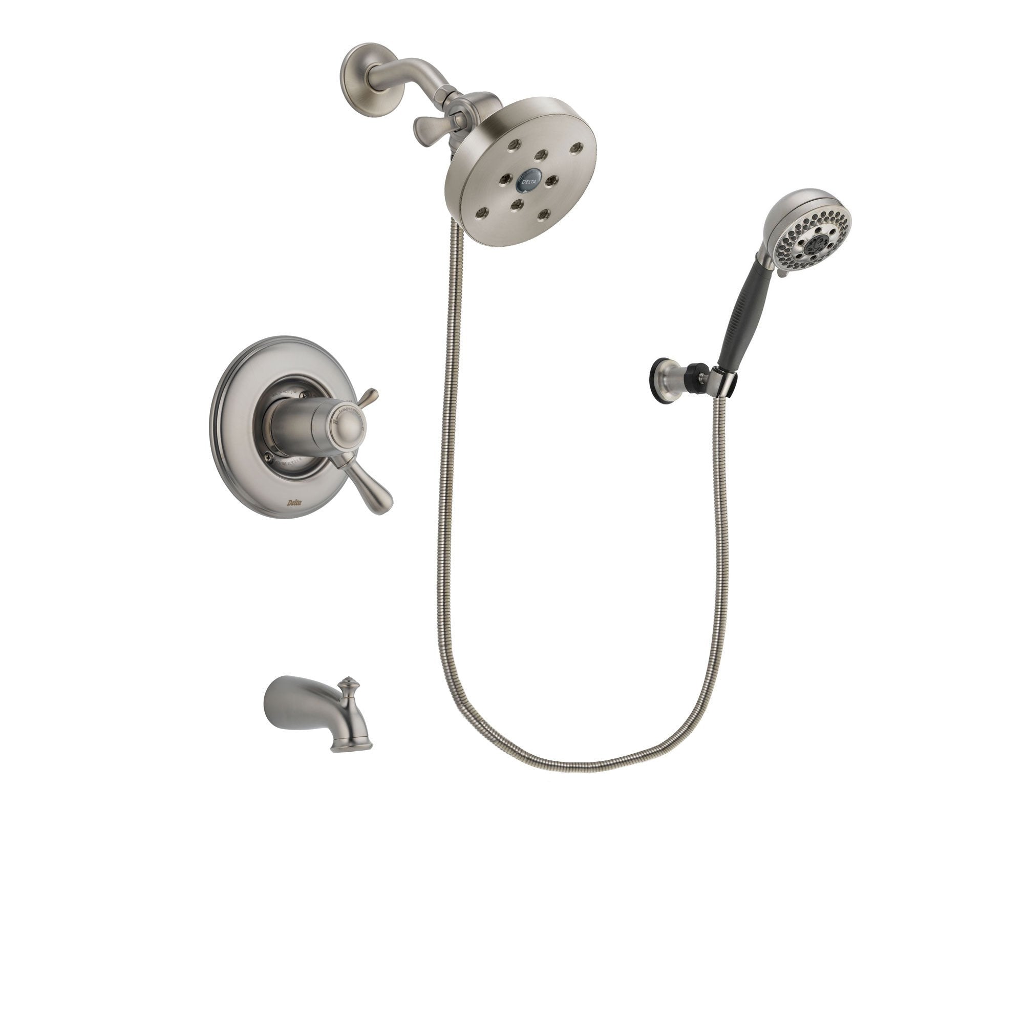 Delta Leland Stainless Steel Finish Thermostatic Tub and Shower Faucet System Package with 5-1/2 inch Shower Head and 5-Setting Wall Mount Personal Handheld Shower Includes Rough-in Valve and Tub Spout DSP2027V