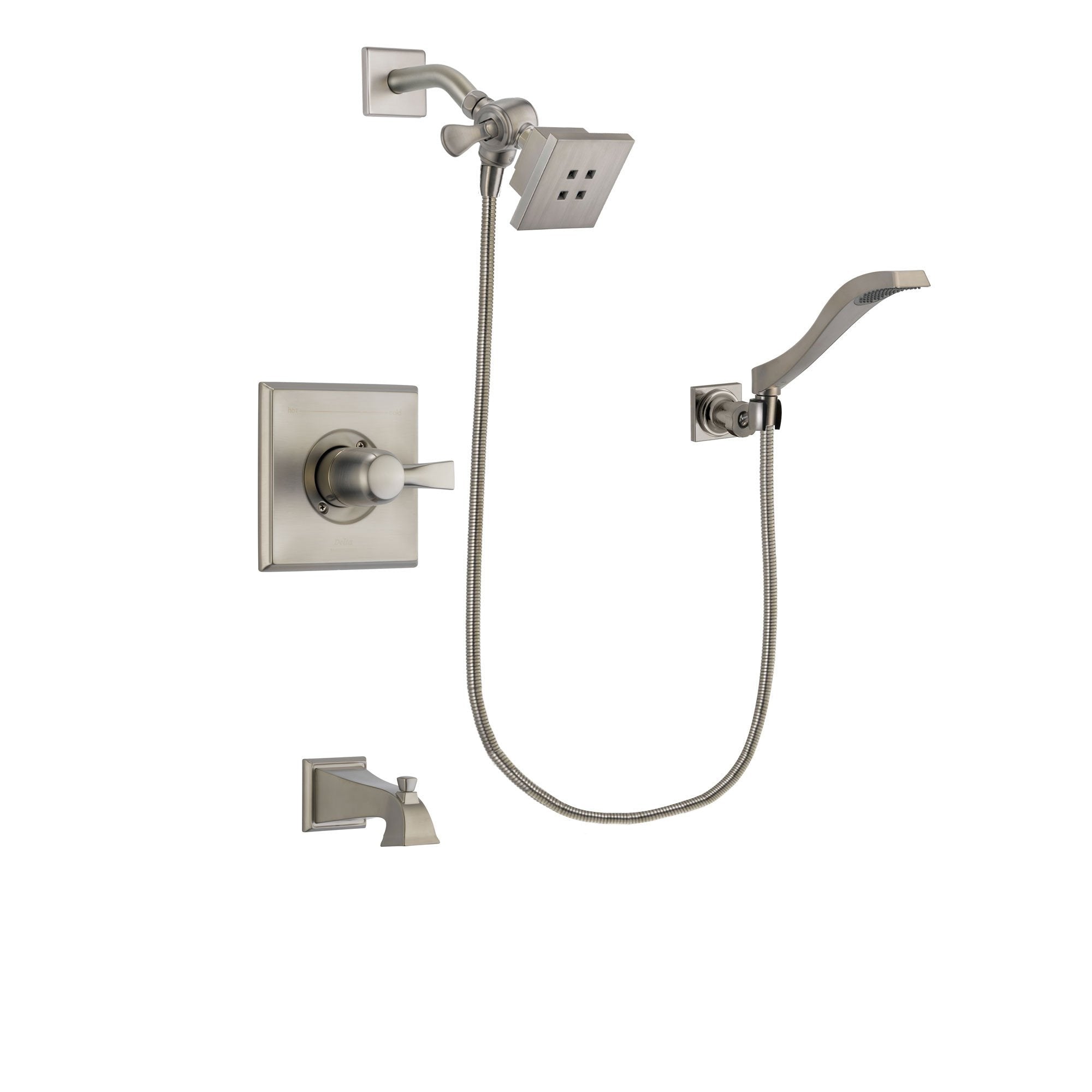 Delta Dryden Stainless Steel Finish Tub and Shower Faucet System Package with Square Showerhead and Modern Wall Mount Handheld Shower Spray Includes Rough-in Valve and Tub Spout DSP2063V