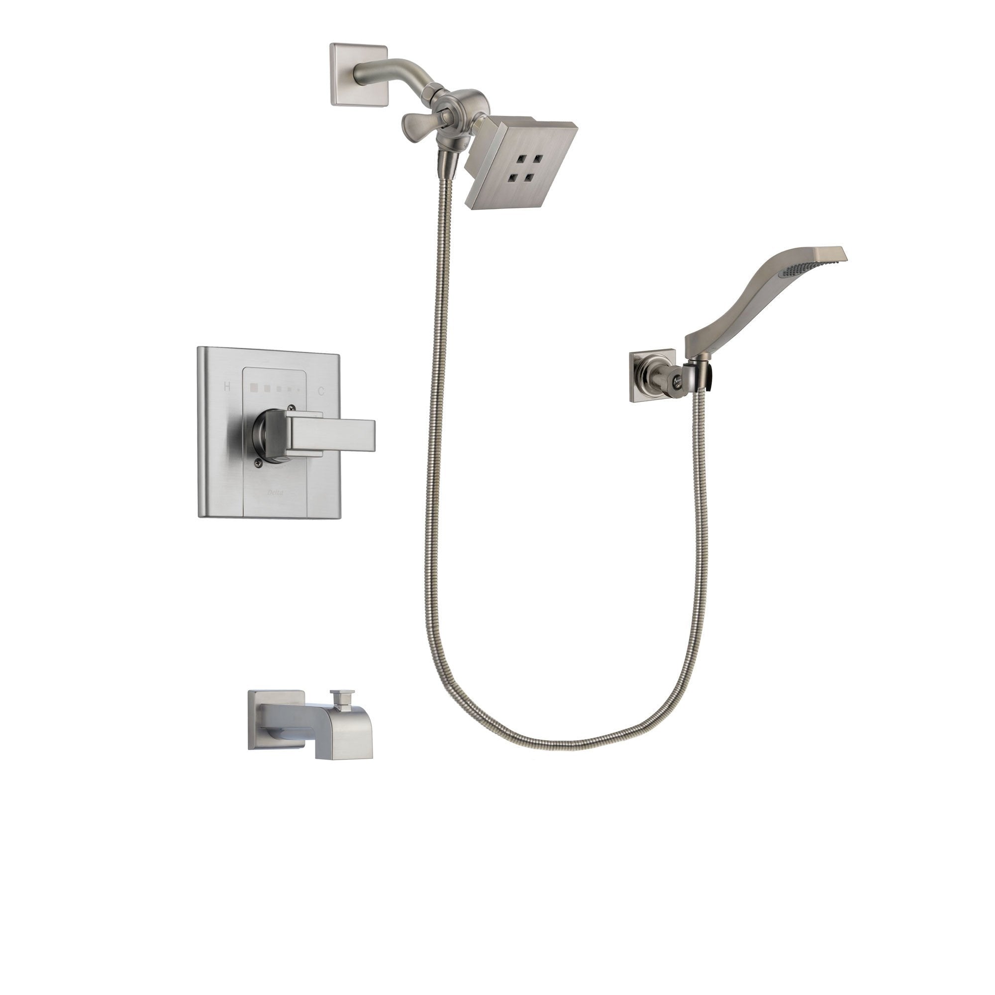 Delta Arzo Stainless Steel Finish Tub and Shower Faucet System Package with Square Showerhead and Modern Wall Mount Handheld Shower Spray Includes Rough-in Valve and Tub Spout DSP2067V