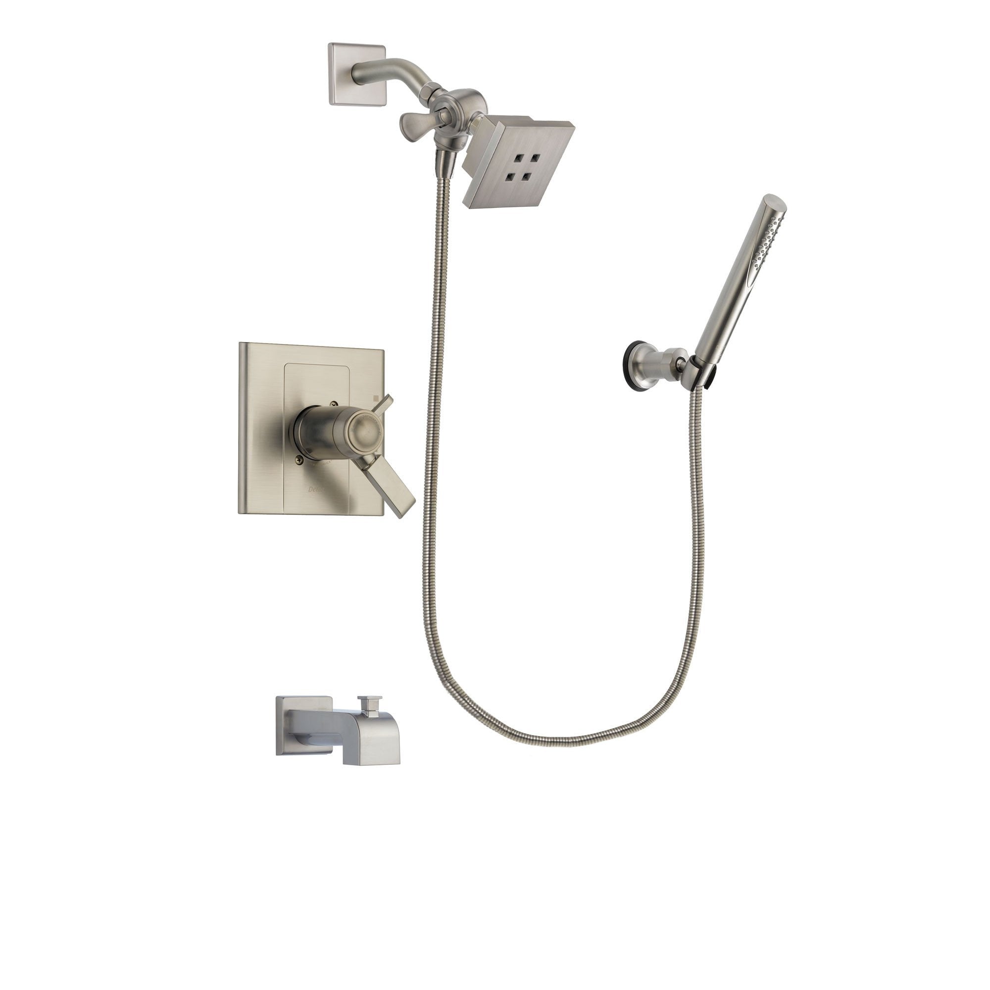 Delta Arzo Stainless Steel Finish Thermostatic Tub and Shower Faucet System Package with Square Showerhead and Modern Handheld Shower Spray Includes Rough-in Valve and Tub Spout DSP2115V