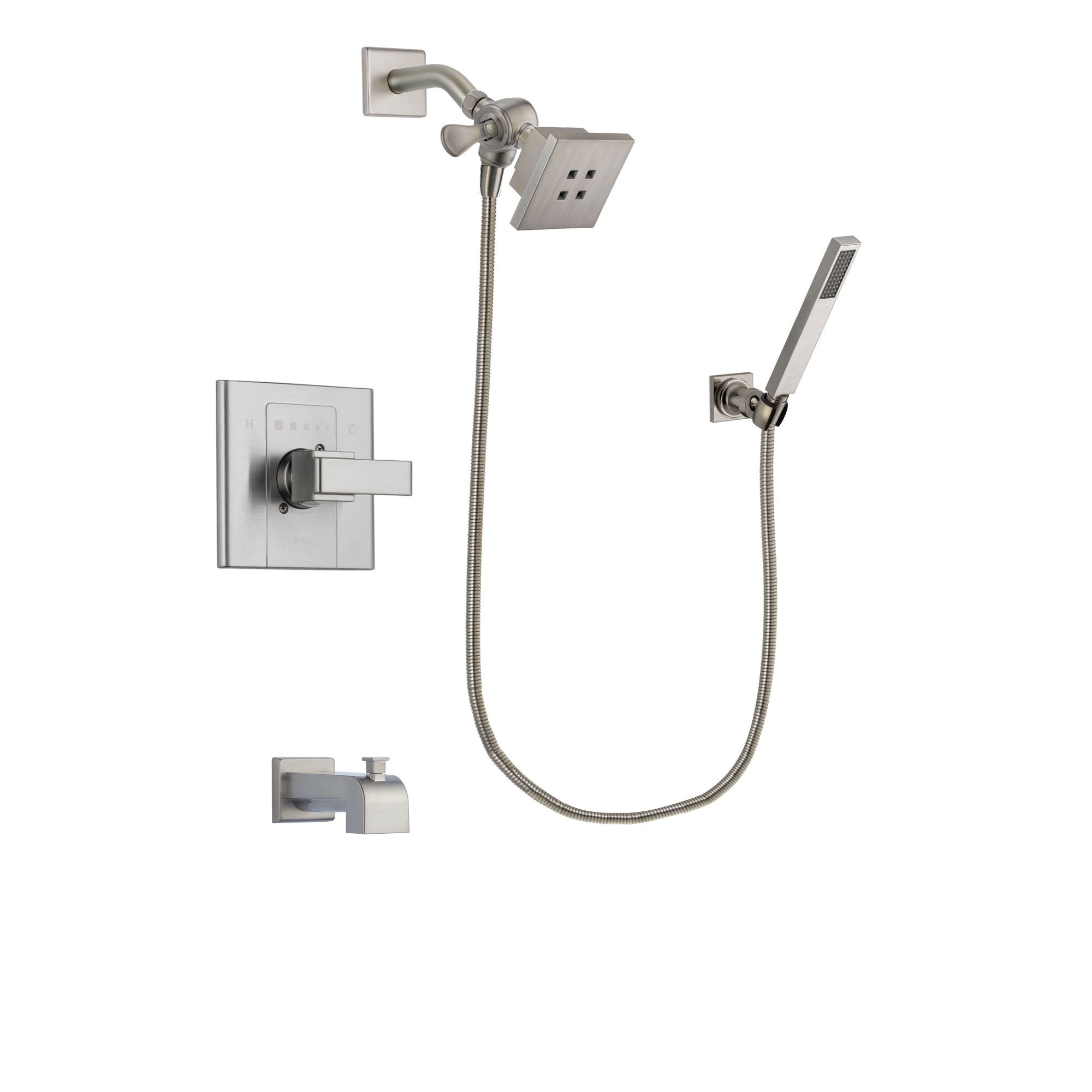 Delta Arzo Stainless Steel Finish Tub and Shower Faucet System Package with Square Showerhead and Wall-Mount Handheld Shower Stick Includes Rough-in Valve and Tub Spout DSP2175V