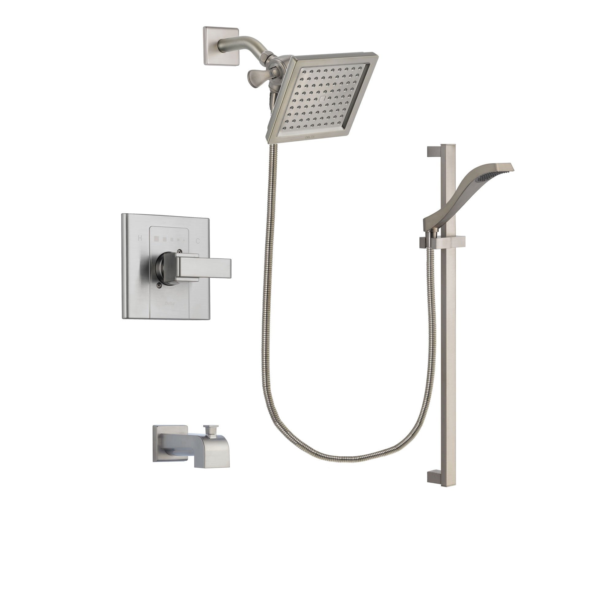 Delta Arzo Stainless Steel Finish Tub and Shower Faucet System Package with 6.5-inch Square Rain Showerhead and Handheld Shower with Slide Bar Includes Rough-in Valve and Tub Spout DSP2247V