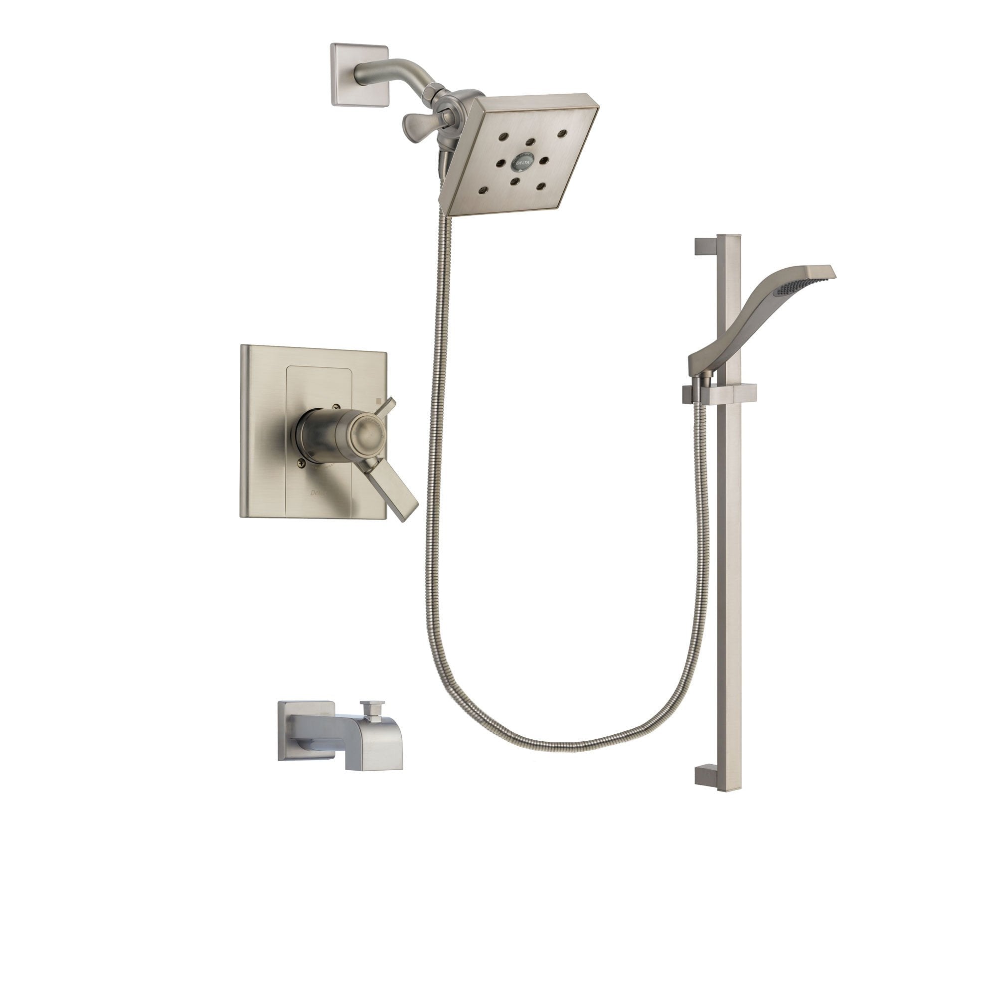 Delta Arzo Stainless Steel Finish Thermostatic Tub and Shower Faucet System Package with Square Shower Head and Handheld Shower with Slide Bar Includes Rough-in Valve and Tub Spout DSP2259V
