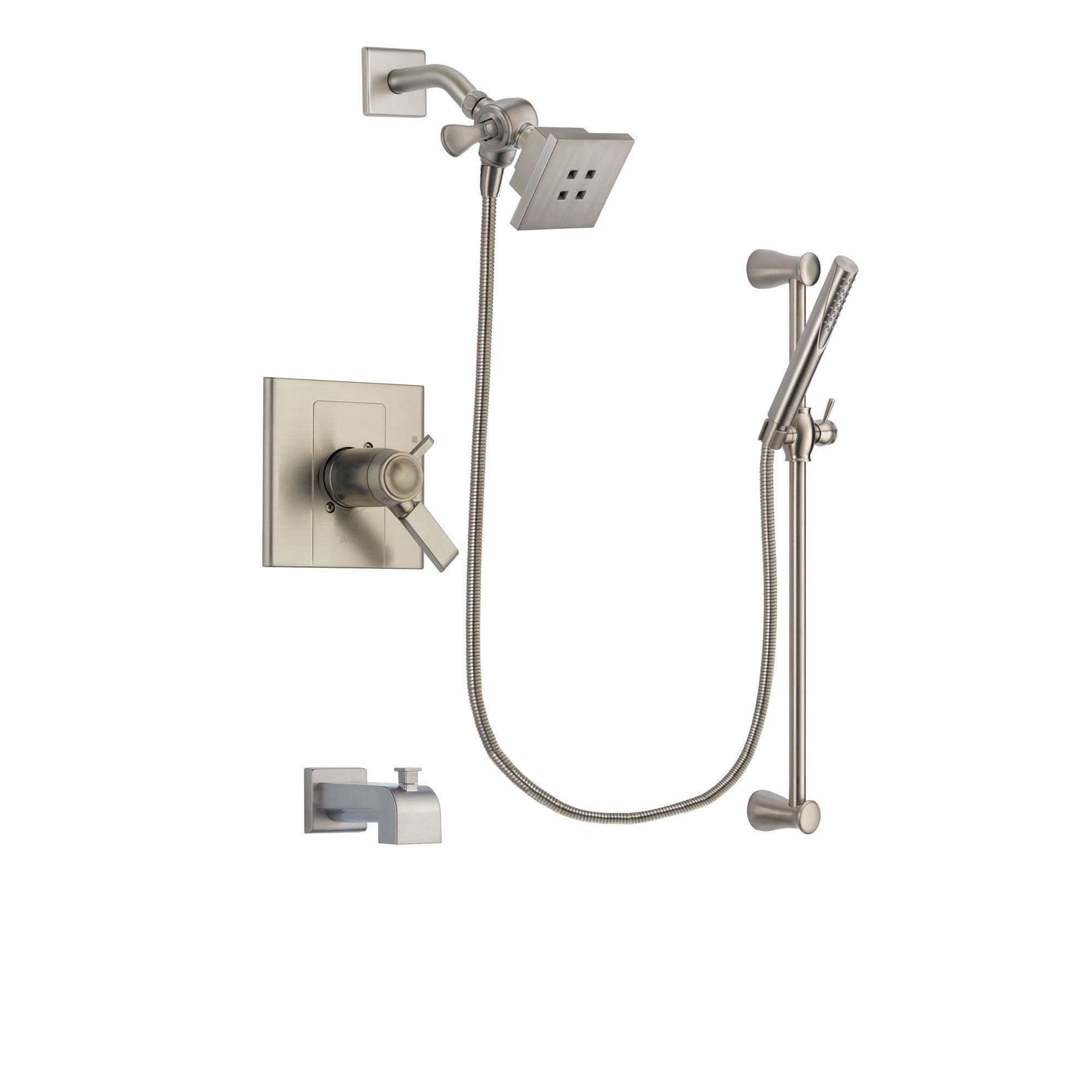Delta Arzo Stainless Steel Finish Thermostatic Tub and Shower Faucet System Package with Square Showerhead and Handheld Shower Spray with Slide Bar Includes Rough-in Valve and Tub Spout DSP2277V