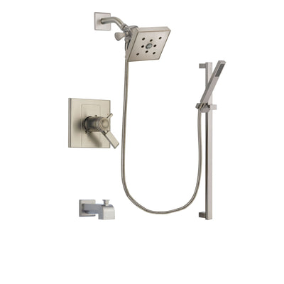 Delta Arzo Stainless Steel Finish Thermostatic Tub and Shower Faucet System Package with Square Shower Head and Modern Personal Hand Shower with Slide Bar Includes Rough-in Valve and Tub Spout DSP2367V