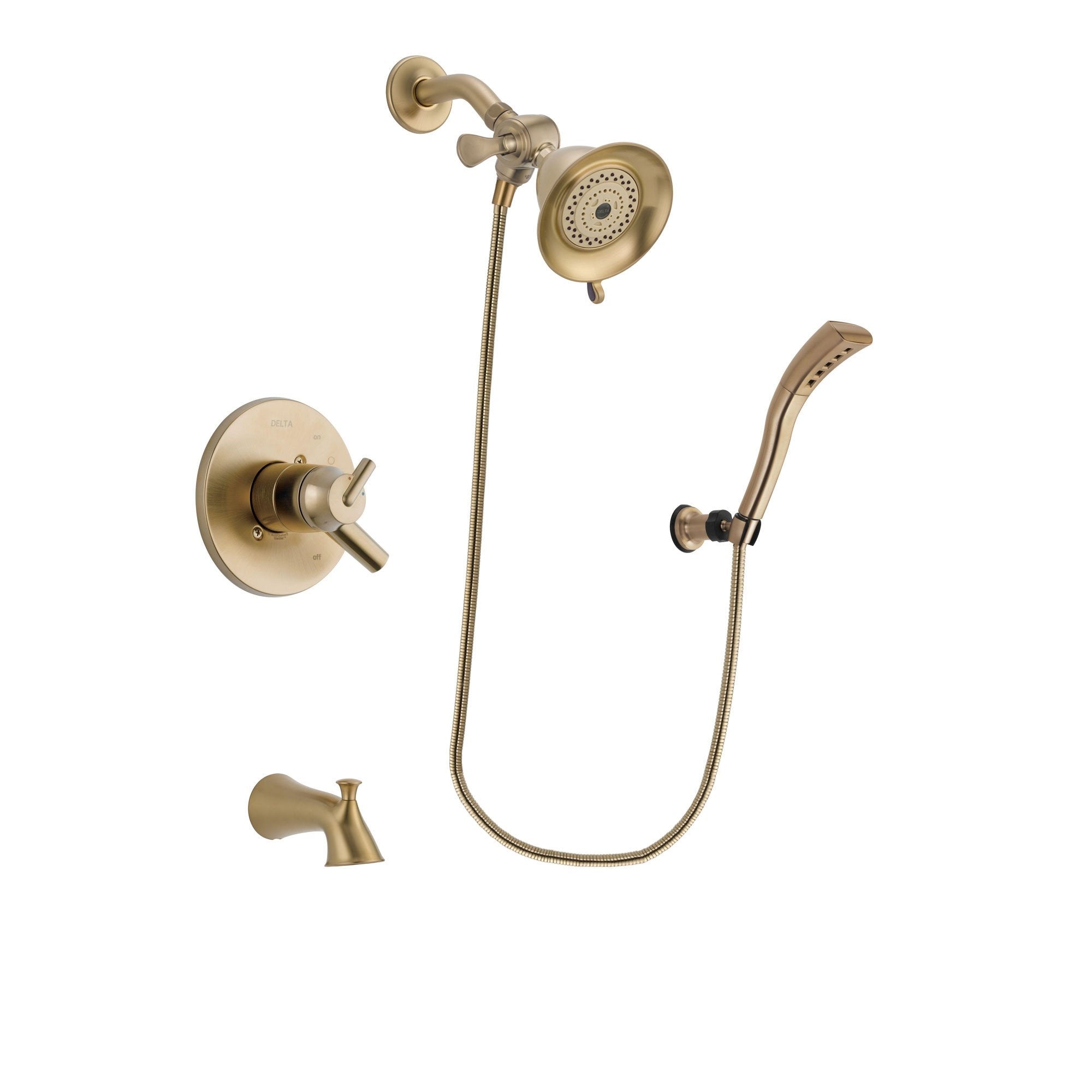 Delta Trinsic Champagne Bronze Finish Dual Control Tub and Shower Faucet System Package with Water-Efficient Shower Head and Modern Wall Mount Personal Handheld Shower Spray Includes Rough-in Valve and Tub Spout DSP3647V