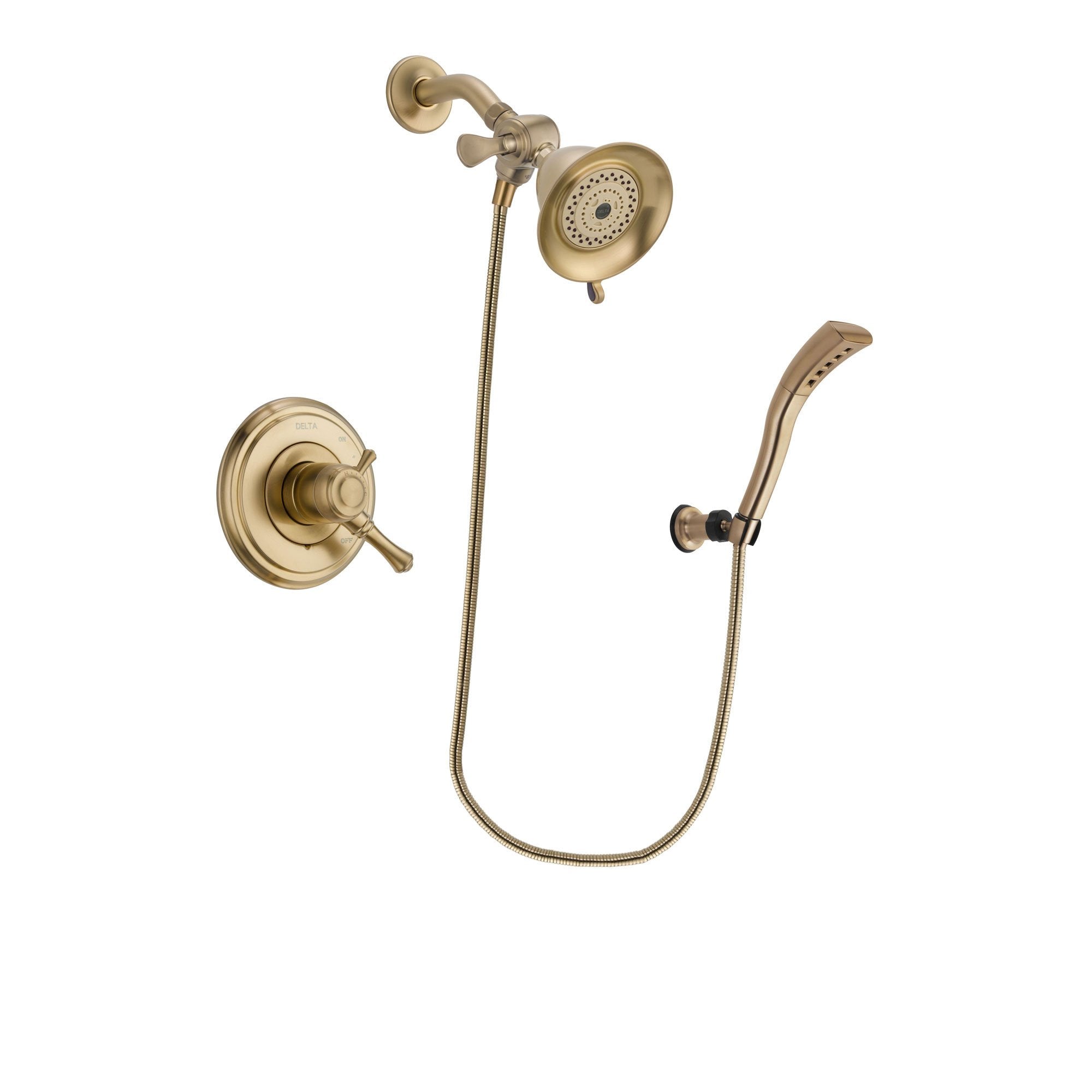 Delta Cassidy Champagne Bronze Finish Dual Control Shower Faucet System Package with Water-Efficient Shower Head and Modern Wall Mount Personal Handheld Shower Spray Includes Rough-in Valve DSP3654V