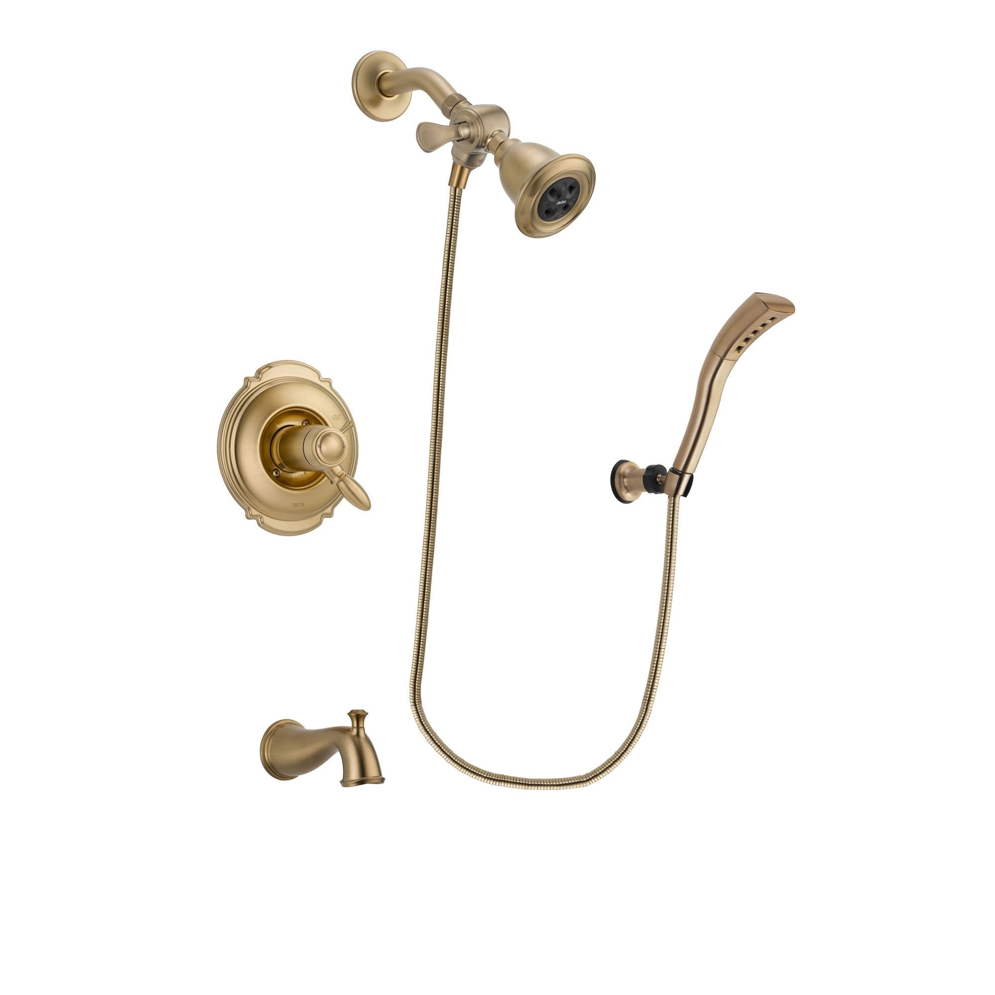 Delta Victorian Champagne Bronze Finish Thermostatic Tub and Shower Faucet System Package with Water Efficient Showerhead and Modern Wall Mount Personal Handheld Shower Spray Includes Rough-in Valve and Tub Spout DSP3657V