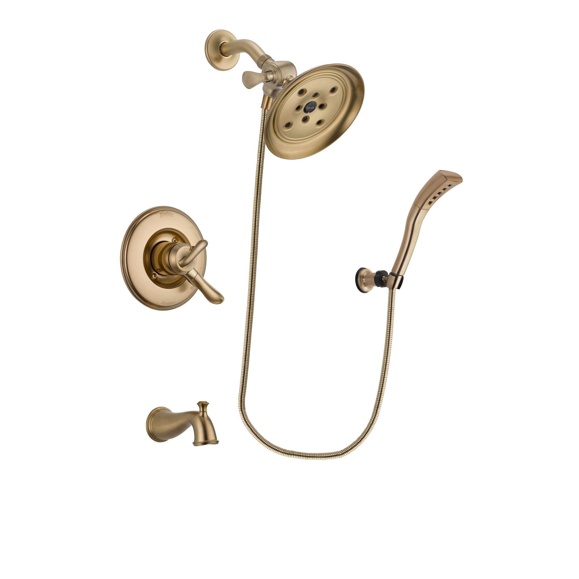 Delta Linden Champagne Bronze Finish Dual Control Tub and Shower Faucet System Package with Large Rain Shower Head and Modern Wall Mount Personal Handheld Shower Spray Includes Rough-in Valve and Tub Spout DSP3703V
