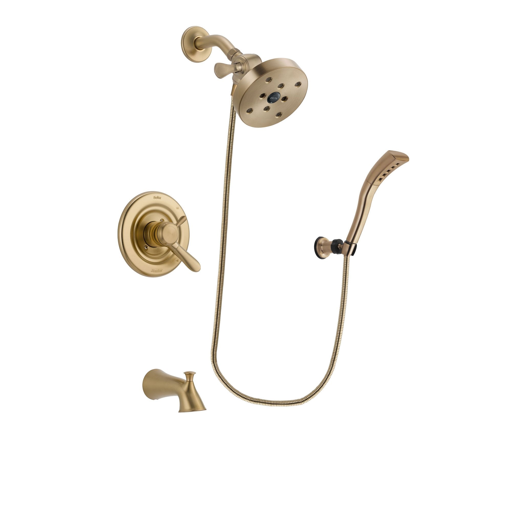Delta Lahara Champagne Bronze Finish Dual Control Tub and Shower Faucet System Package with 5-1/2 inch Showerhead and Modern Wall Mount Personal Handheld Shower Spray Includes Rough-in Valve and Tub Spout DSP3723V