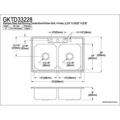 Brushed Nickel Gourmetier Double Bowl Self-Rimming Kitchen Sink GKTD33228