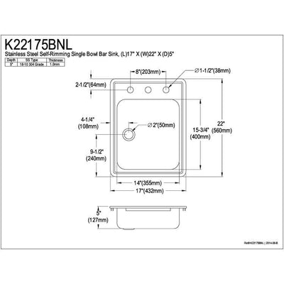 Kingston Brushed Nickel Gourmetier Single Bowl Self-Rimming Bar Sink K22175BNL