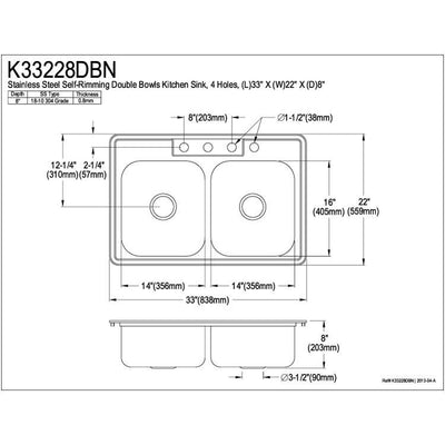 Brushed Nickel Gourmetier Double Bowl Self-Rimming Kitchen Sink K33228DBN