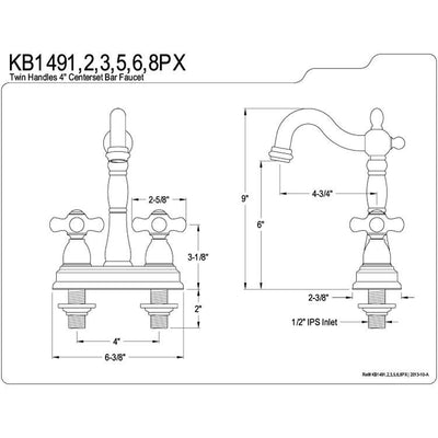 Kingston Polished Brass Two Handle 4" Centerset Bar Prep Sink Faucet KB1492PX
