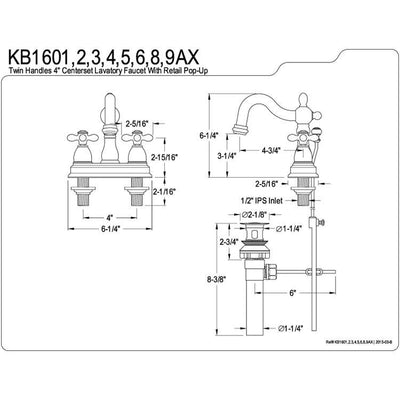 Kingston Brass Chrome 2 Handle 4" Centerset Bathroom Faucet with Pop-up KB1601AX