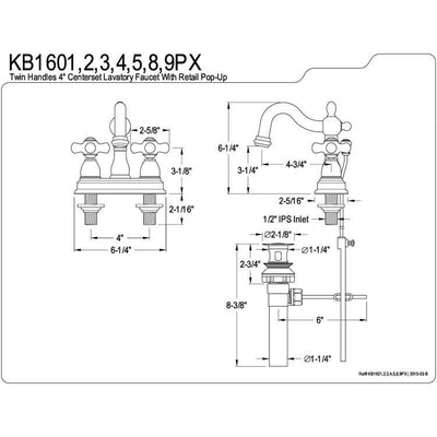 Kingston Polished Brass 2 Handle 4" Centerset Bathroom Faucet w Drain KB1602PX
