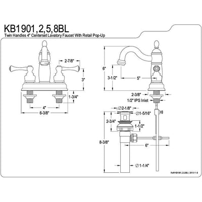 Kingston Satin Nickel 2 Handle 4" Centerset Bathroom Faucet with Pop-up KB1908BL