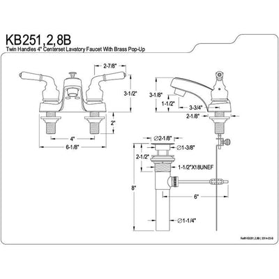 Kingston Satin Nickel 2 Handle 4" Centerset Bathroom Faucet w Pop-up KB258B