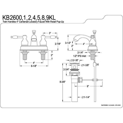 Kingston Brass Chrome 2 Handle 4" Centerset Bathroom Faucet with Pop-up KB2601KL