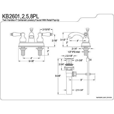 Kingston Satin Nickel 2 Handle 4" Centerset Bathroom Faucet with Pop-up KB2608PL