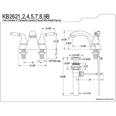 Kingston Polished Brass 2 Handle 4" Centerset Bathroom Faucet w Drain KB2622B