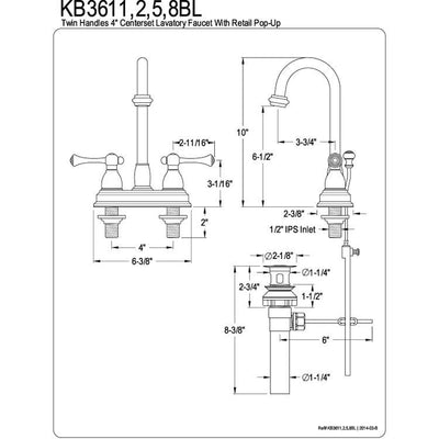 Kingston Polished Brass 2 handle 4" Centerset Bathroom Faucet w Drain KB3612BL