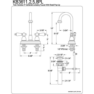 Kingston Polished Brass 2 handle 4" Centerset Bathroom Faucet w Drain KB3612PL