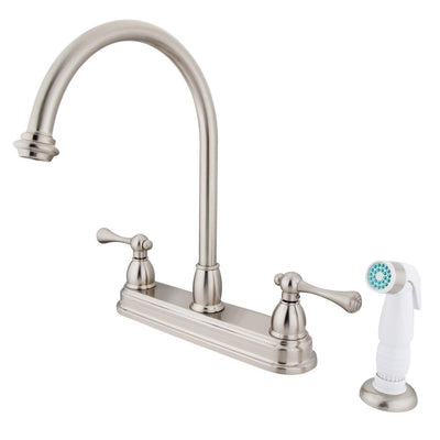 Kingston Satin Nickel Two Handle 8" Kitchen Faucet with White Sprayer KB3758BL