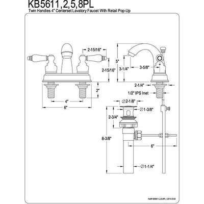 Kingston Polished Brass 2 Handle 4" Centerset Bathroom Faucet w Drain KB5612PL