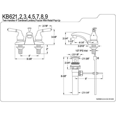 Kingston Polished Brass Magellan 4" 2 handle centerset bathroom faucet KB622