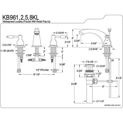 Kingston Satin Nickel 8"-16" Widespread Bathroom Faucet w Pop-up KB968KL