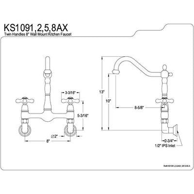 Kingston Brass Metal Cross Handle Chrome Wall Mount Kitchen Faucet KS1091AX