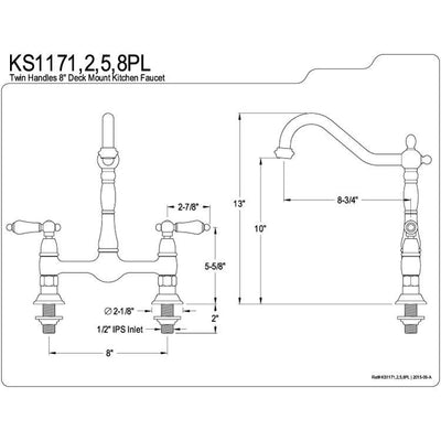 Kingston Polished Brass Two Handle 8" Centerset Bridge Kitchen Faucet KS1172PL