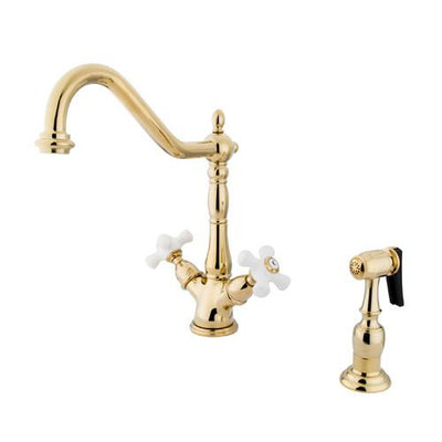 Kingston Polished Brass 2 Handle Single Hole Kitchen Faucet w Spray KS1232PXBS