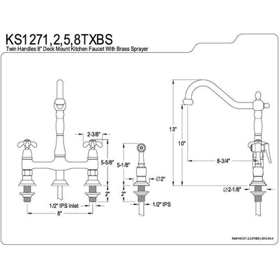 Kingston Polished Brass 8" Centerset Kitchen Faucet w/ Brass Sprayer KS1272TXBS