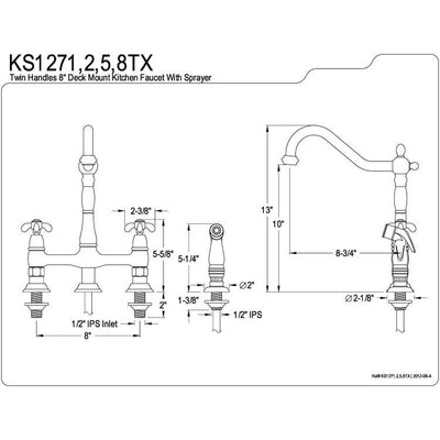 Kingston Polished Brass 8" Centerset Kitchen Faucet w/ White Sprayer KS1272TX