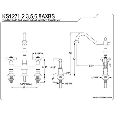 Kingston Satin Nickel 8" Centerset Kitchen Faucet With Side Sprayer KS1278AXBS
