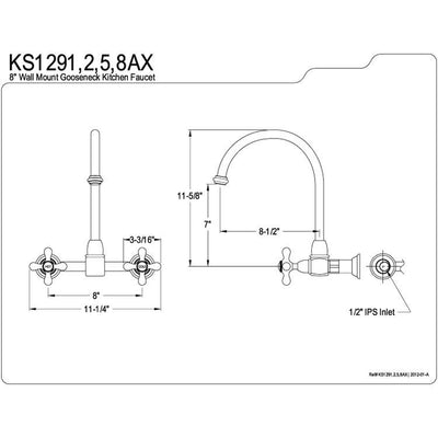 Kingston Brass High Arch Cross Handle Chrome Wall Mount Kitchen Faucet KS1291AX