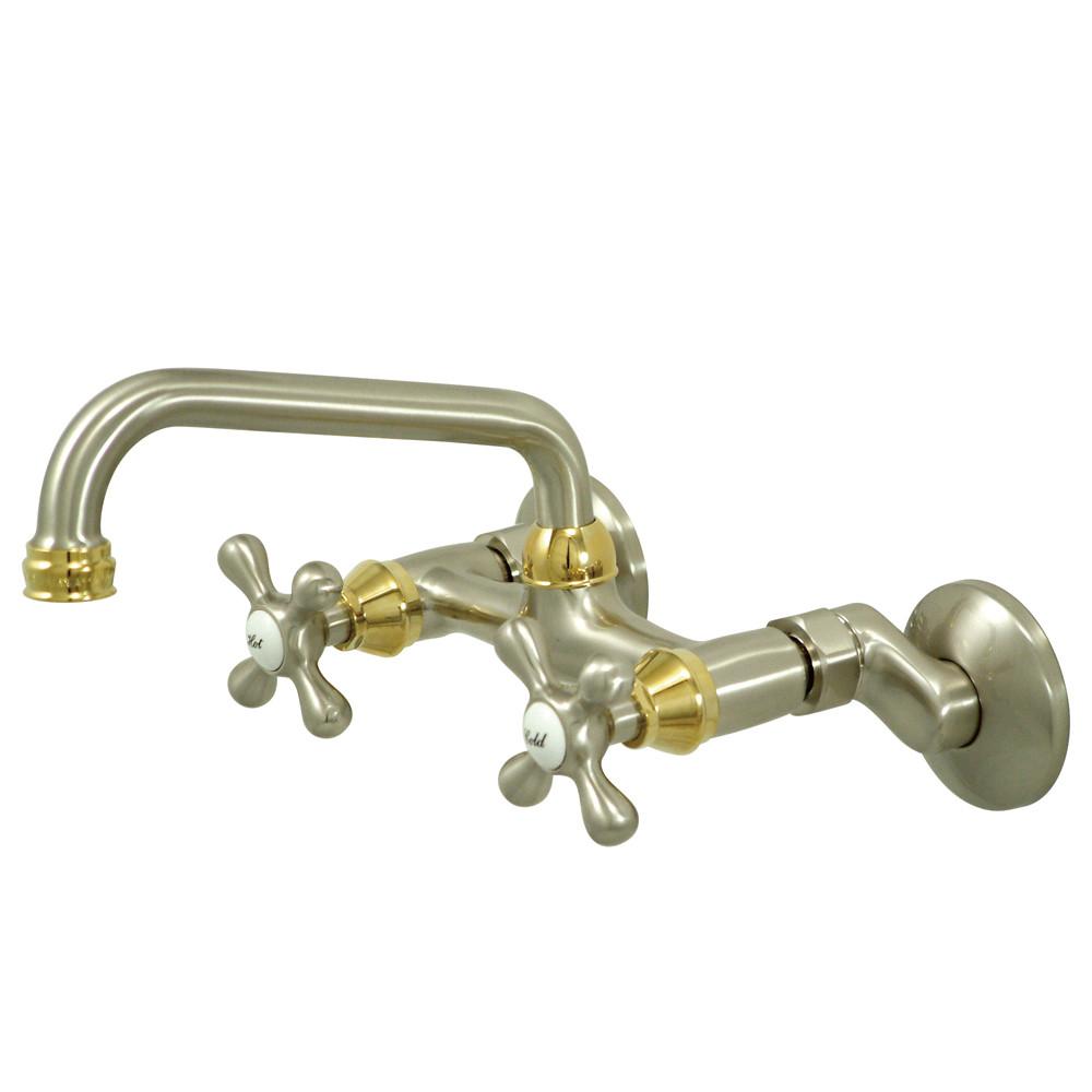 Cross Handle Satin Nickel / Polished Brass Wall Mount Kitchen Faucet KS213SNPB