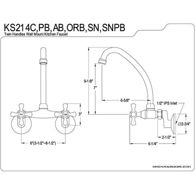 Kingston High Arch Metal Cross Handle Chrome Wall Mount Kitchen Faucet KS214C