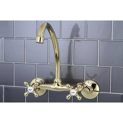 High Arch Metal Cross Handle Polished Brass Wall Mount Kitchen Faucet KS214PB
