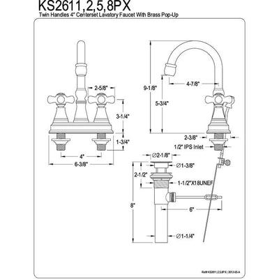 Kingston Polished Brass 2 Handle 4" Centerset Bathroom Faucet w Pop-up KS2612PX