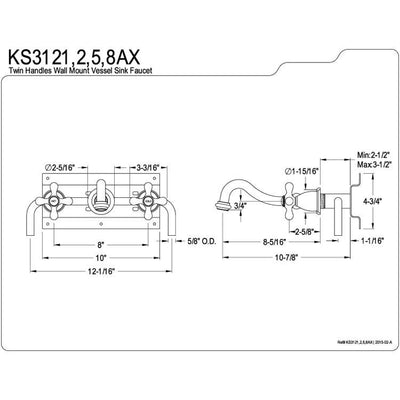 Kingston Brass Cross Handle Satin Nickel Bathroom Wall Mount Faucet KS3128AX