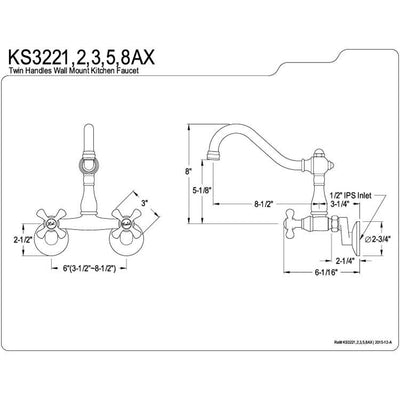 Kingston Brass Cross Handle Polished Brass Wall Mount Kitchen Faucet KS3222AX