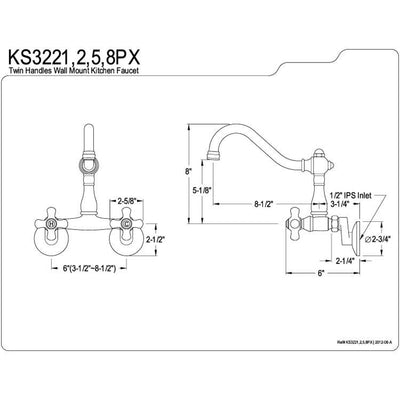 Kingston Porcelain Cross Handle Satin Nickel Wall Mount Kitchen Faucet KS3228PX