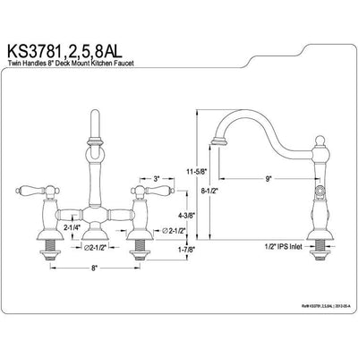 Kingston Polished Brass 8" centerset Bridge two handle Kitchen Faucet KS3782AL