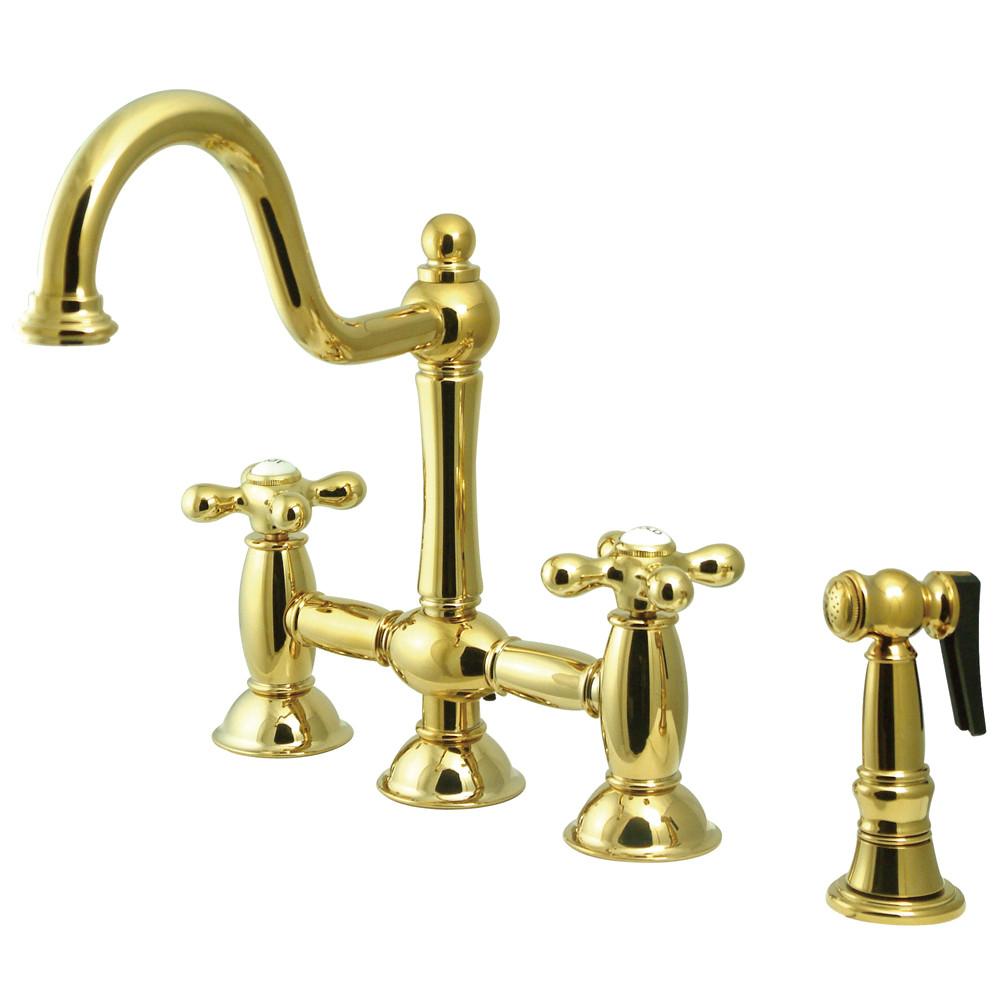 Polished Brass 8" center Bridge two handle Kitchen Faucet w spray KS3792AXBS