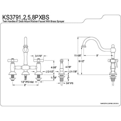 Polished Brass 8" center Bridge two handle Kitchen Faucet w spray KS3792PXBS